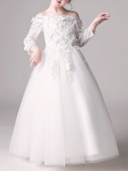 Long Ball Gown Off Shoulder First Communion Flower Girl Dresses with Sleeves-27Dress