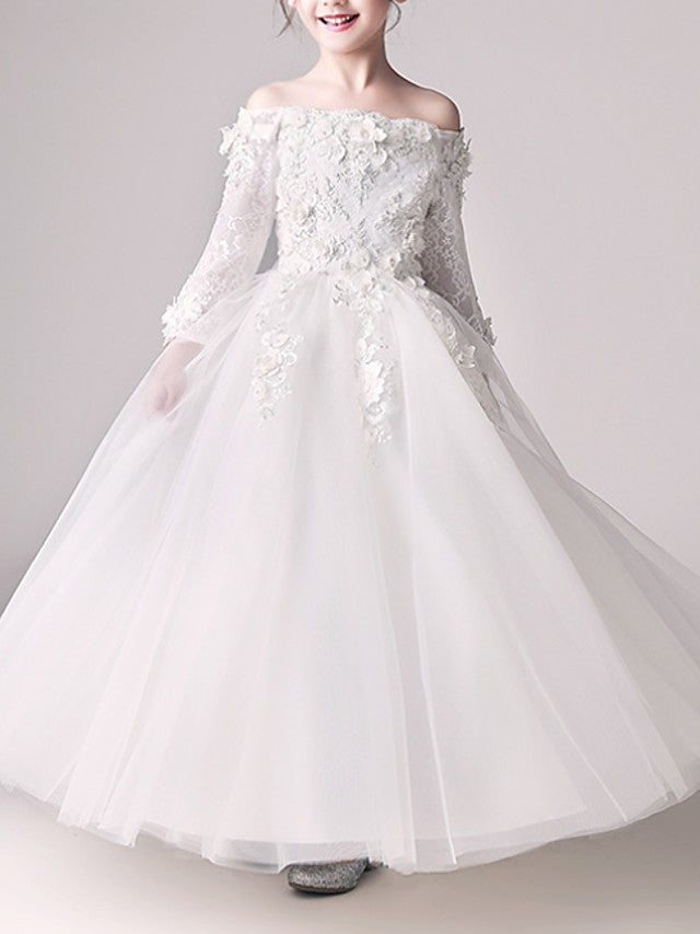 Long Ball Gown Off Shoulder First Communion Flower Girl Dresses with Sleeves-27Dress