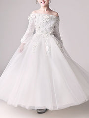 Long Ball Gown Off Shoulder First Communion Flower Girl Dresses with Sleeves-27Dress