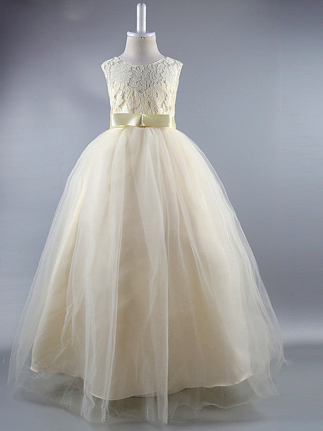 Long Ball Gown Satin Jewel Neck Wedding First Communion Pageant Flower Girl Dresses-27dress