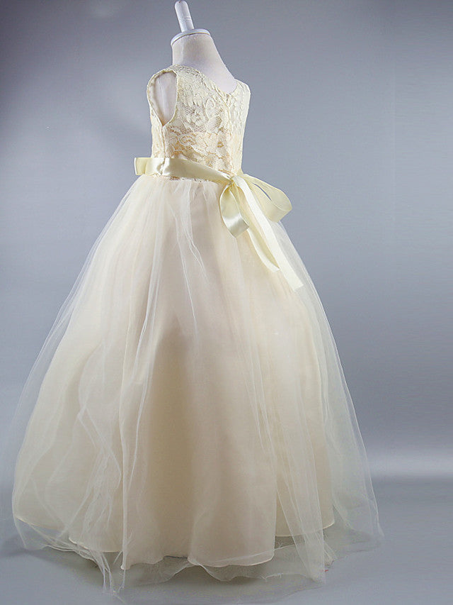 Long Ball Gown Satin Jewel Neck Wedding First Communion Pageant Flower Girl Dresses-27dress