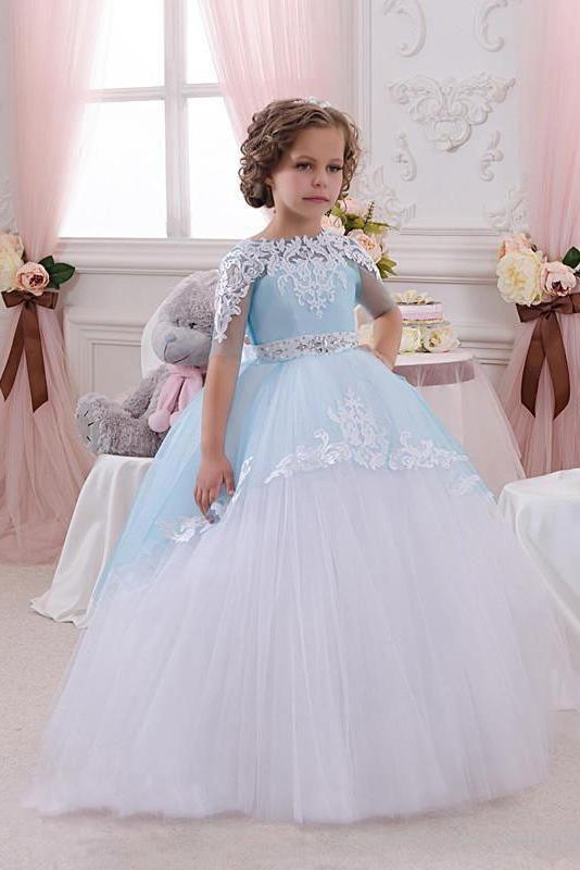 Long Ball Gown Scoop Neck Tulle Lace Flower Girl Dresses with Sleeves-27dress