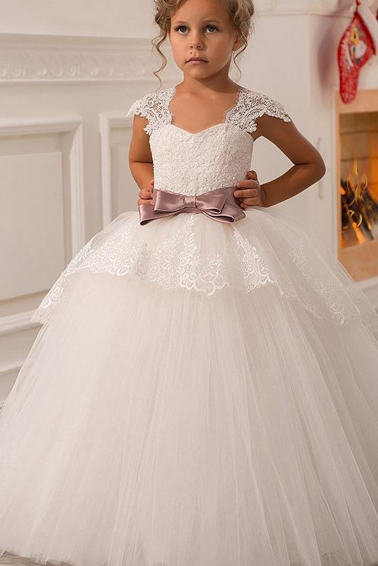 Long Ball Gown Square Neck Tulle Lace Flower Girl Dresses with Cap Sleeves-27dress