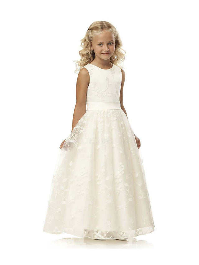 Long Ball Gown Tulle Cotton Jewel Neck First Communion Birthday Flower Girl Dresses-27dress