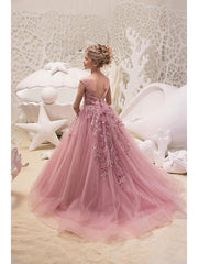 Long Ball Gown Tulle Jewel Neck Sweep Brush Train Wedding Party Flower Girl Dresses-27Dress