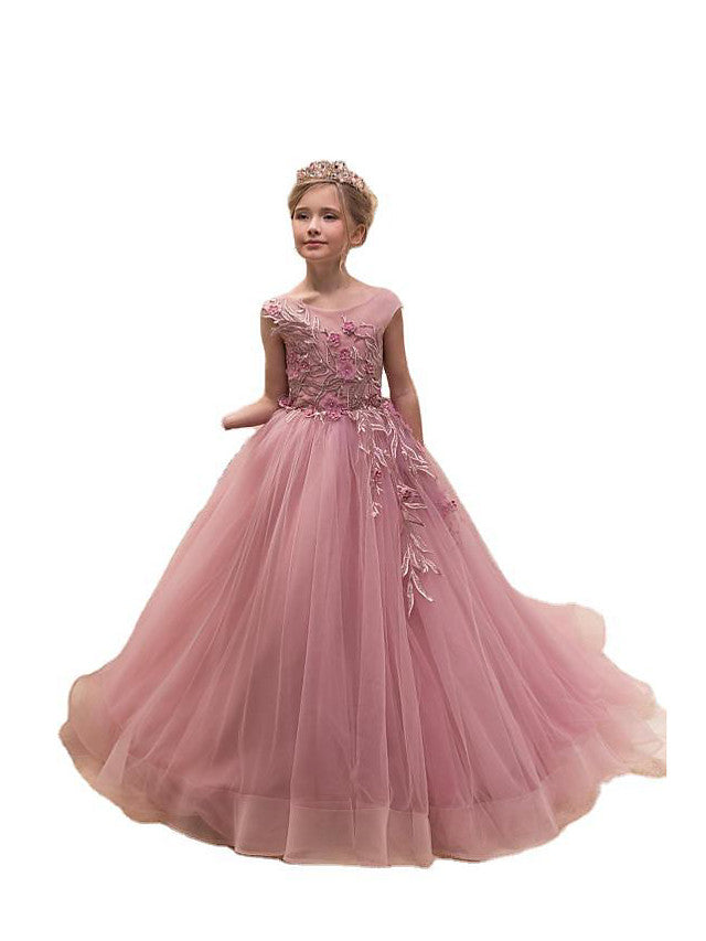 Long Ball Gown Tulle Jewel Neck Sweep Brush Train Wedding Party Flower Girl Dresses-27Dress