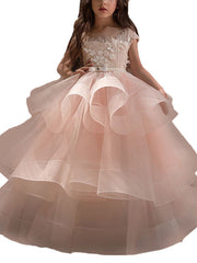 Long Ball Gown Tulle Lace Pageant Flower Girl Dresses with Sleeves-27dress