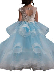 Long Ball Gown Tulle Lace Pageant Flower Girl Dresses with Sleeves-27dress