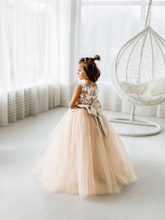 Long Ball Gown Tulle Lace Sleeveless Flower Girl Dress with Bow-27dress