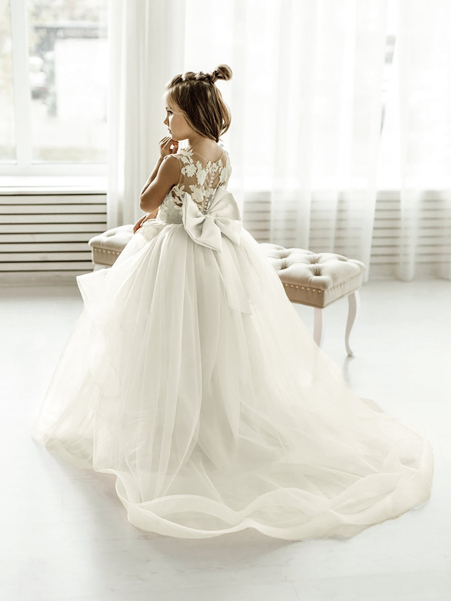Long Ball Gown Tulle Lace Sleeveless Flower Girl Dress with Bow-27dress
