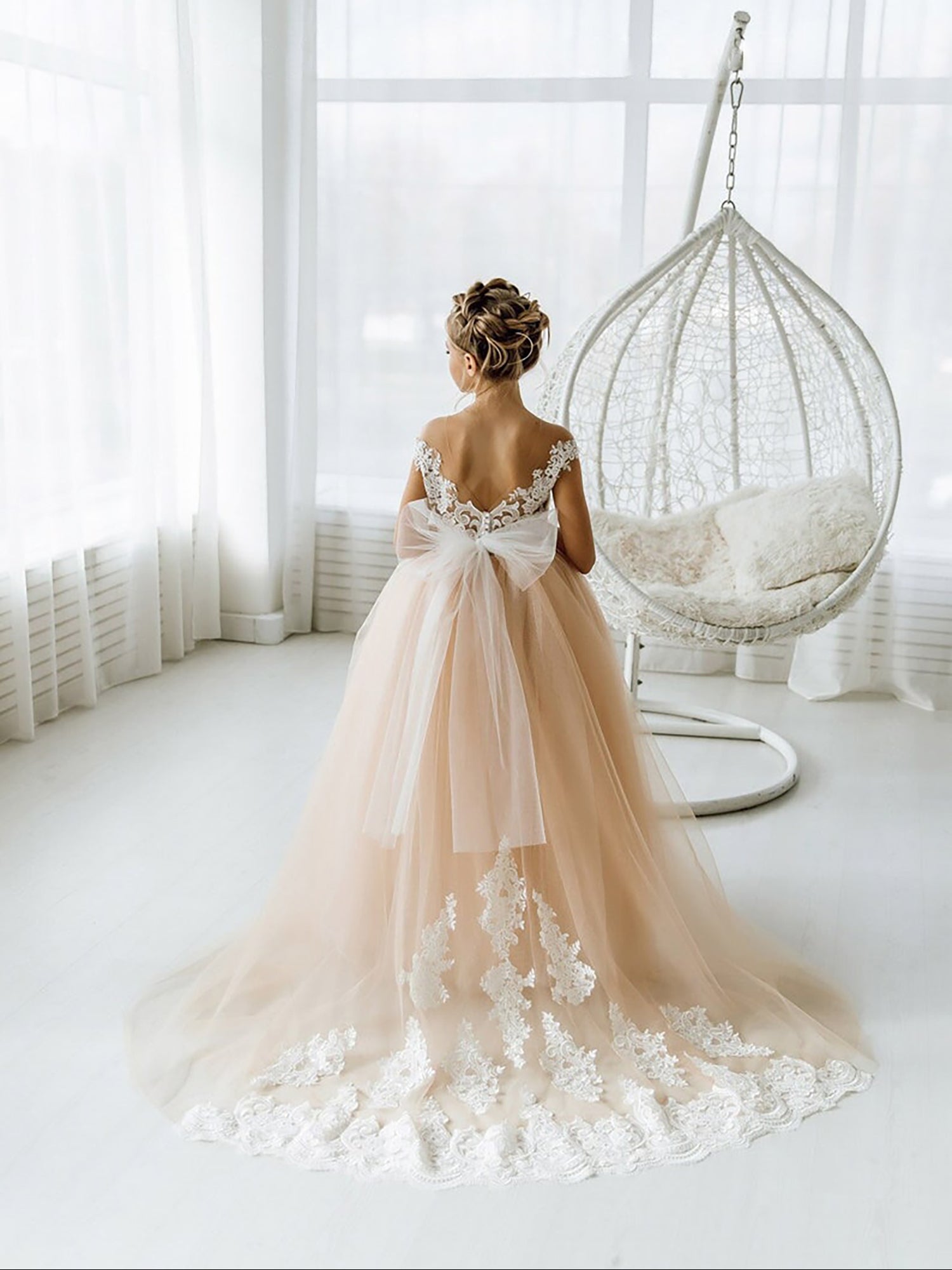 Long Tulle Open Back Boho Flower Girl Dress with Bow