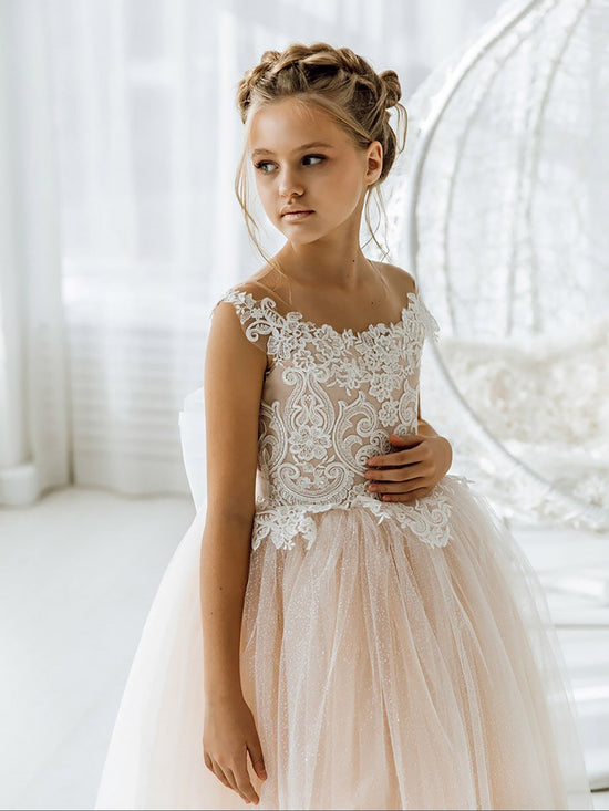 Load image into Gallery viewer, Long Ball Gown Tulle Open Back Boho Flower Girl Dresses with bow-27dress
