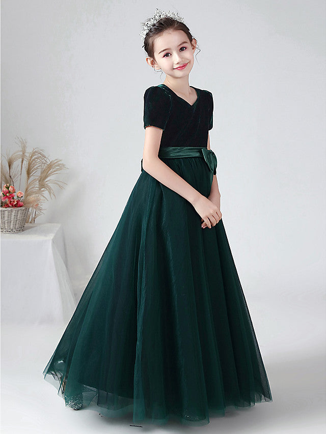 Long Ball Gown Velvet Bateau Neck Wedding Party Flower Girl Dresses with Sleeves-27dress