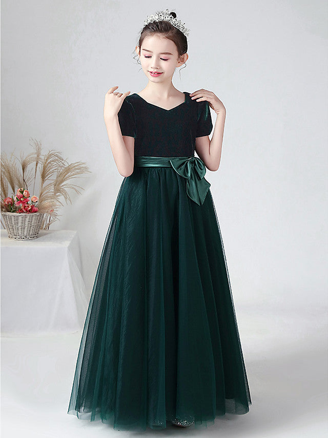 Long Ball Gown Velvet Bateau Neck Wedding Party Flower Girl Dresses with Sleeves-27dress
