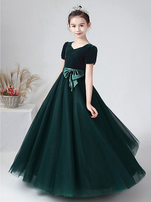 Long Ball Gown Velvet Bateau Neck Wedding Party Flower Girl Dresses with Sleeves-27dress