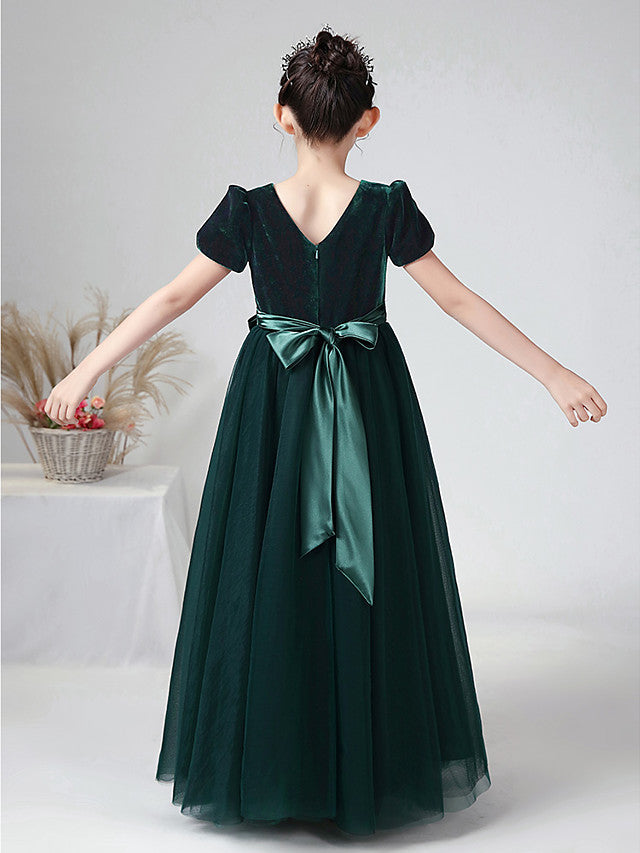 Long Ball Gown Velvet Bateau Neck Wedding Party Flower Girl Dresses with Sleeves-27dress