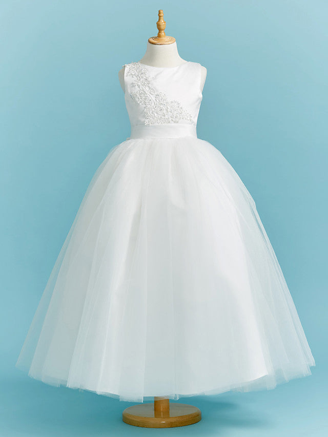 Long Flower Girl Dresses Ball Gown Crew Neck Lace Tulle Junior Bridesmaid Dress-27dress