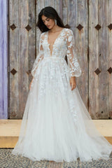 Long Illusion Sleeves V-neck A-line Tulle Lace Wedding Dress From 27dress