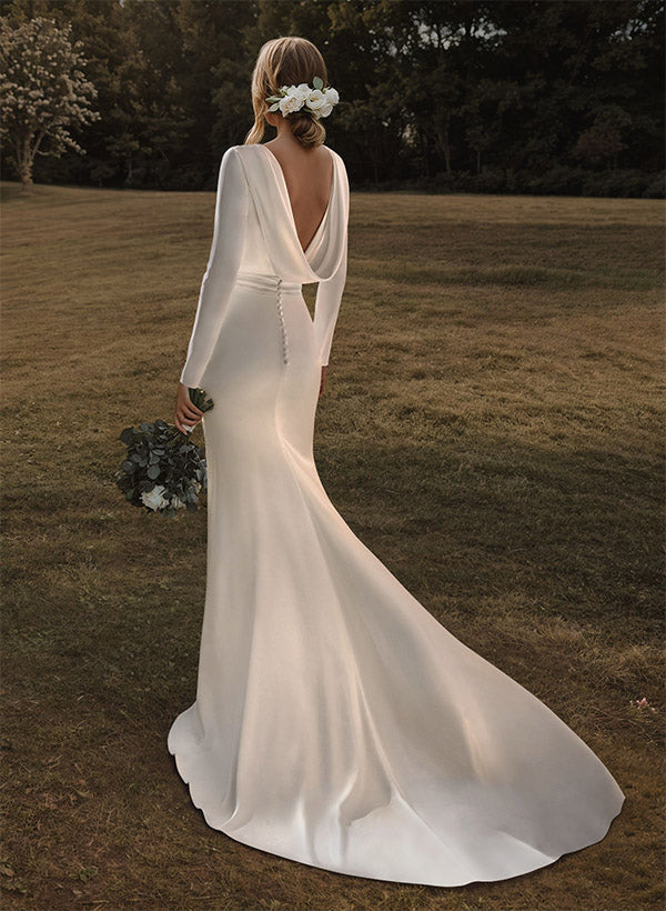 Long Mermaid Cowl Back Satin Backless Wedding Dress With Sleeves 27dress Long Mermaid Cowl Back Satin Backless Wedding Dress With Sleeves 27dress