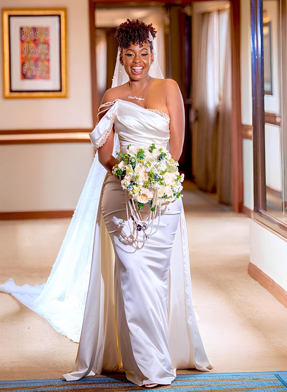Long Mermaid One Shoulder Sleeveless Satin Wedding Dress with Beading-27dress