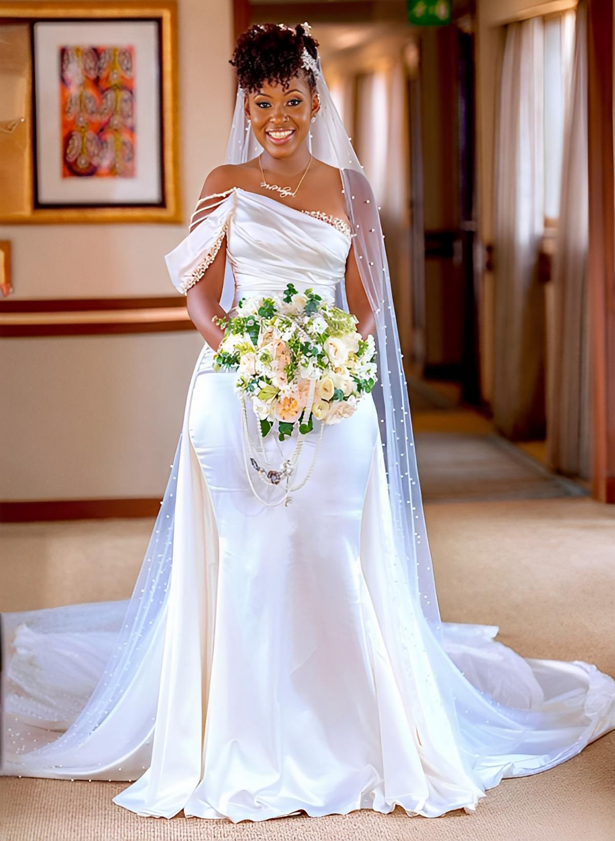 Long Mermaid One Shoulder Sleeveless Satin Wedding Dress with Beading-27dress