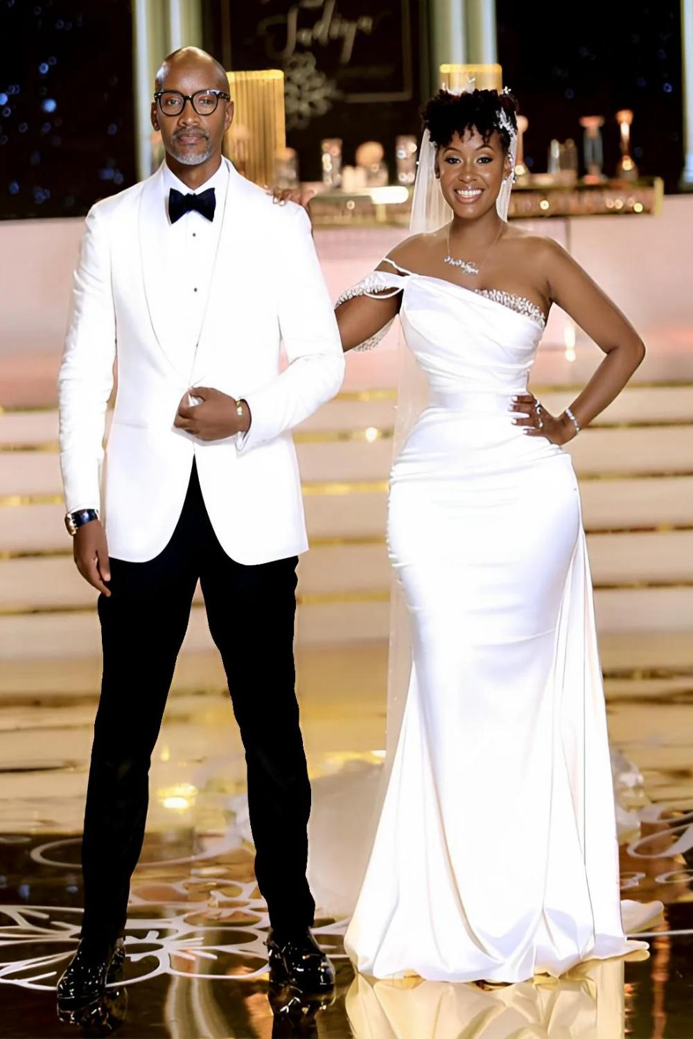 Long Mermaid One Shoulder Sleeveless Satin Wedding Dress with Beading-27dress