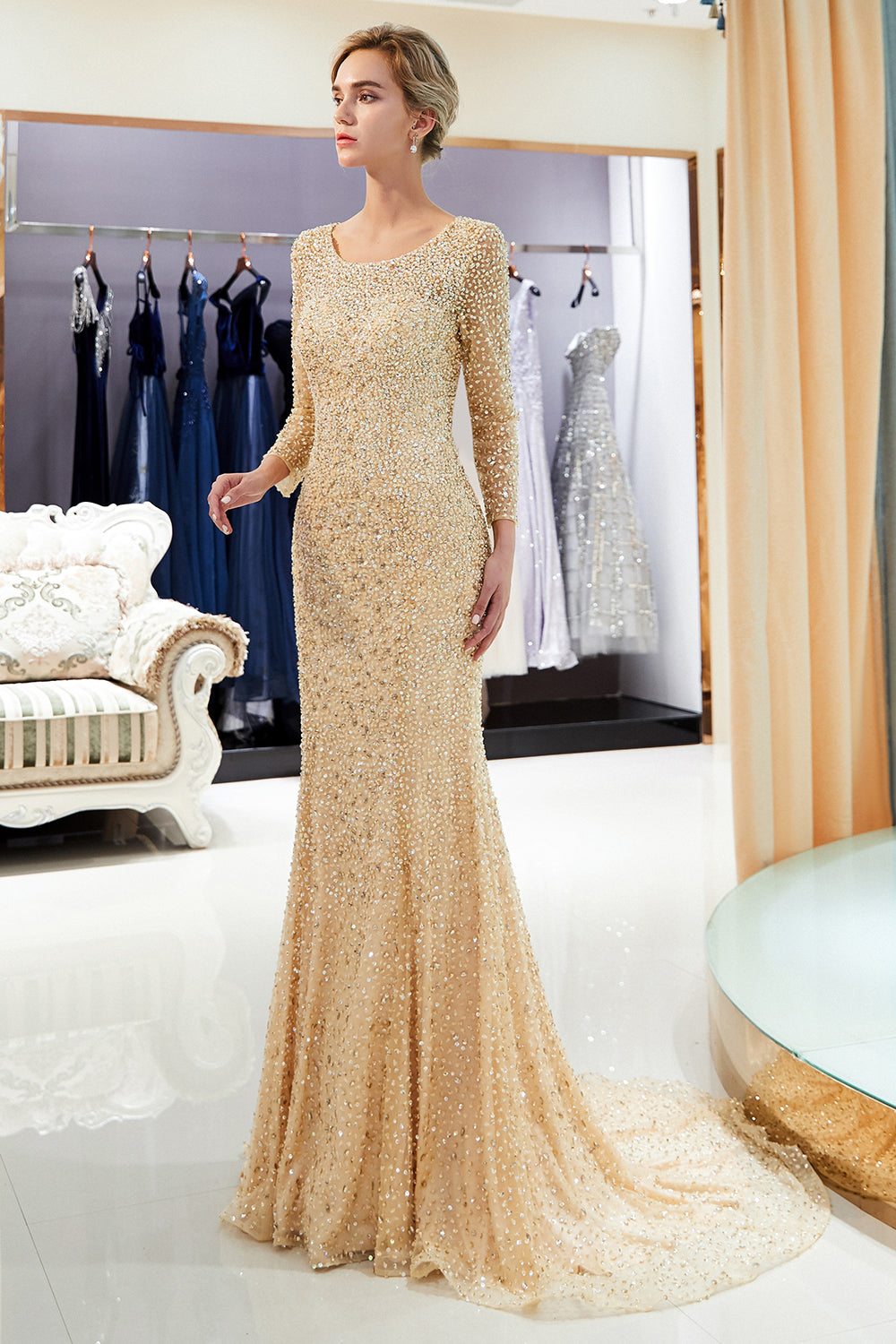 Long Mermaid Sequins Formal Evening Dresses with Sleeves-27dress