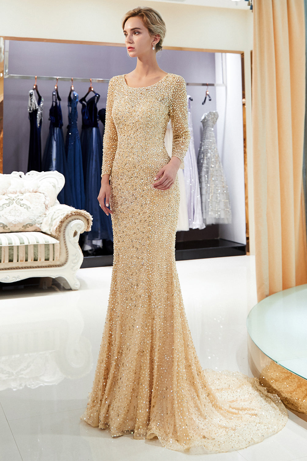 Long Mermaid Sequins Formal Evening Dresses with Sleeves-27dress