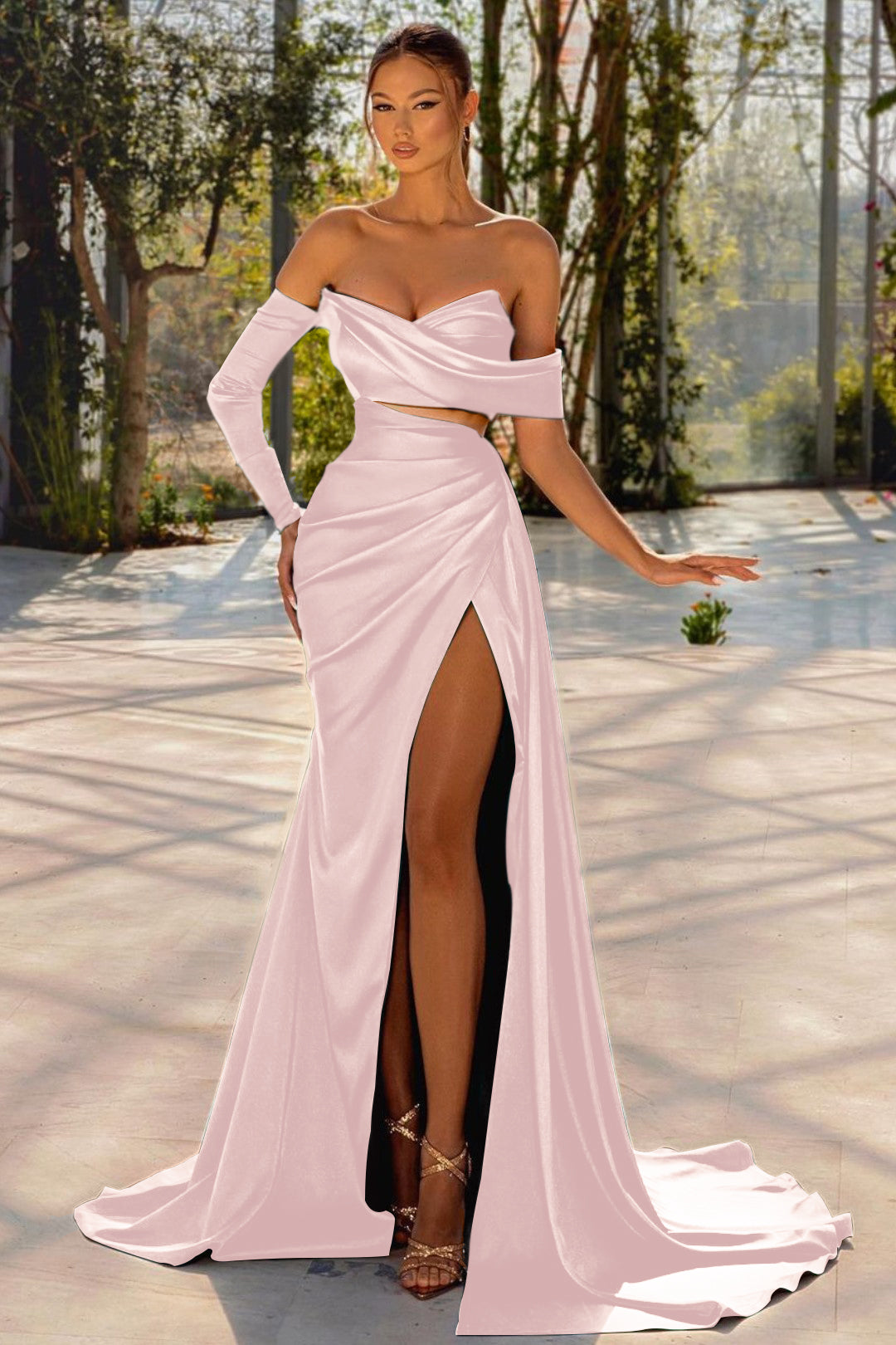 Long Off the Shoulder Prom Dress Dark Green One Sleeve Pleated