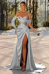 Long Off the Shoulder Prom Dress Dark Green One Sleeve Pleated