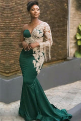 Long One Shoulder Appliques Lace Mermaid Prom Dresses with Sleeves-27Dress