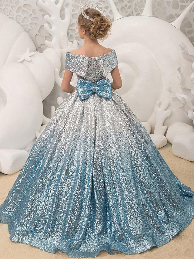 Long Princess Ball Gown Sequined Off Shoulder Wedding Party Flower Girl Dresses-27dress