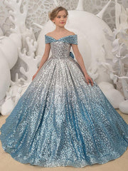 Long Princess Ball Gown Sequined Off Shoulder Wedding Party Flower Girl Dresses-27dress