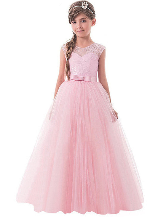 Long Princess Lace Tulle Jewel Neck Party Birthday Pageant Flower Girl Dresses-27dress