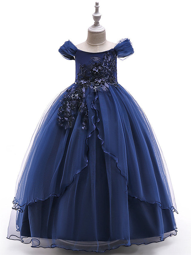 Long Princess Off The Shoulder Tulle Party Pageant Flower Girl Dresses with Sleeves-27dress