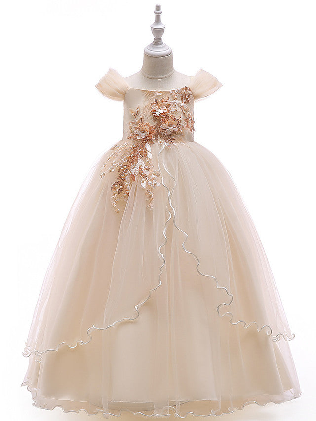 Long Princess Off The Shoulder Tulle Party Pageant Flower Girl Dresses with Sleeves-27dress