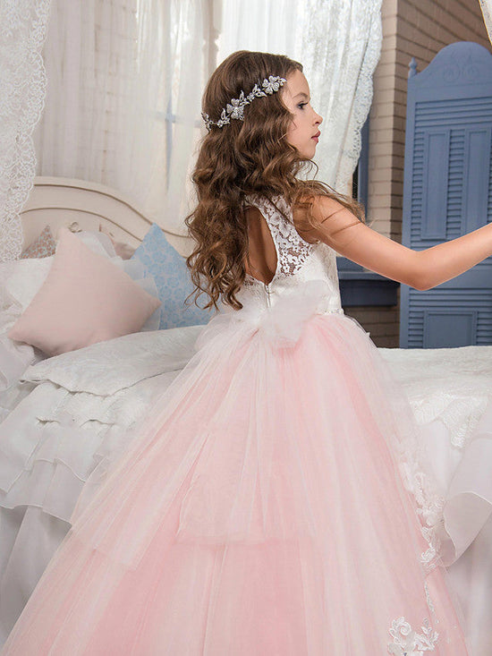Long Princess Pageant Lace Tulle Sleeveless Jewel Neck Flower Girl Dresses-27dress