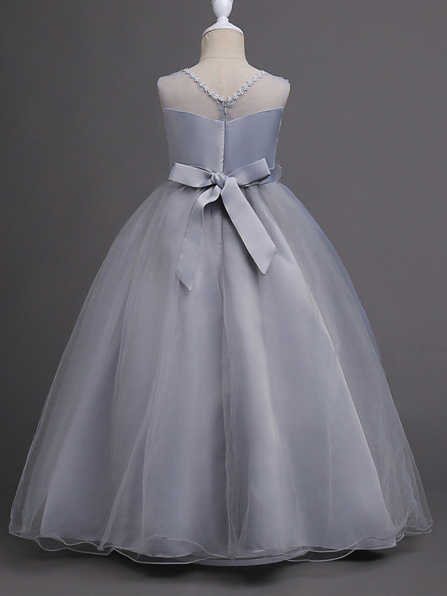 Long Princess Satin Tulle Sleeveless Jewel Neck First Communion Flower Girl Dresses-27dress