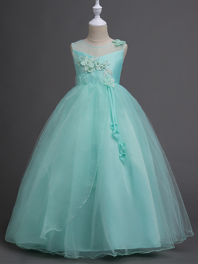 Long Princess Satin Tulle Sleeveless Jewel Neck First Communion Flower Girl Dresses-27dress