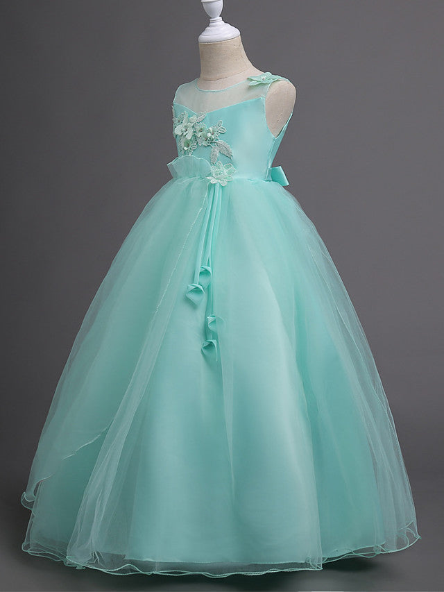 Long Princess Satin Tulle Sleeveless Jewel Neck First Communion Flower Girl Dresses-27dress