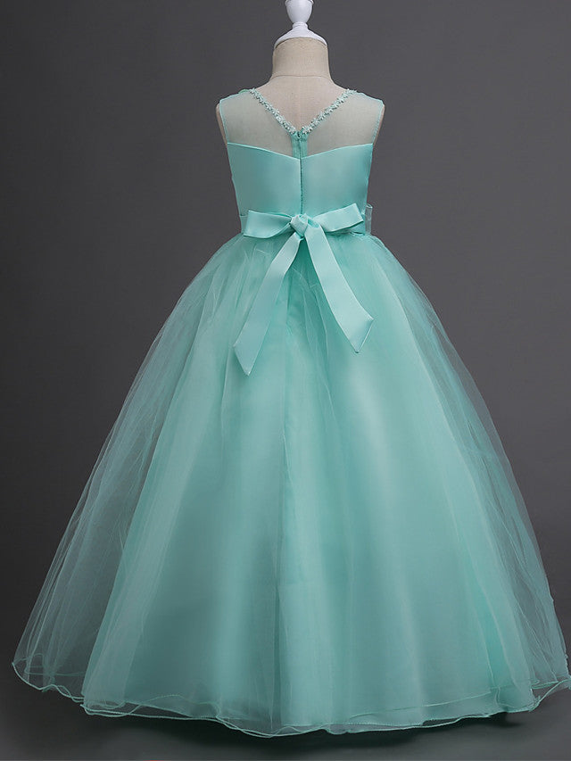 Long Princess Satin Tulle Sleeveless Jewel Neck First Communion Flower Girl Dresses-27dress