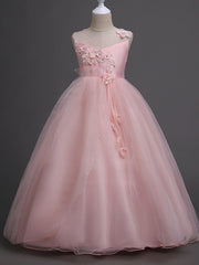 Long Princess Satin Tulle Sleeveless Jewel Neck First Communion Flower Girl Dresses-27dress