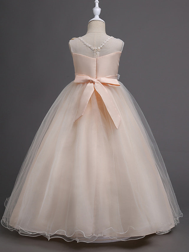 Long Princess Satin Tulle Sleeveless Jewel Neck First Communion Flower Girl Dresses-27dress