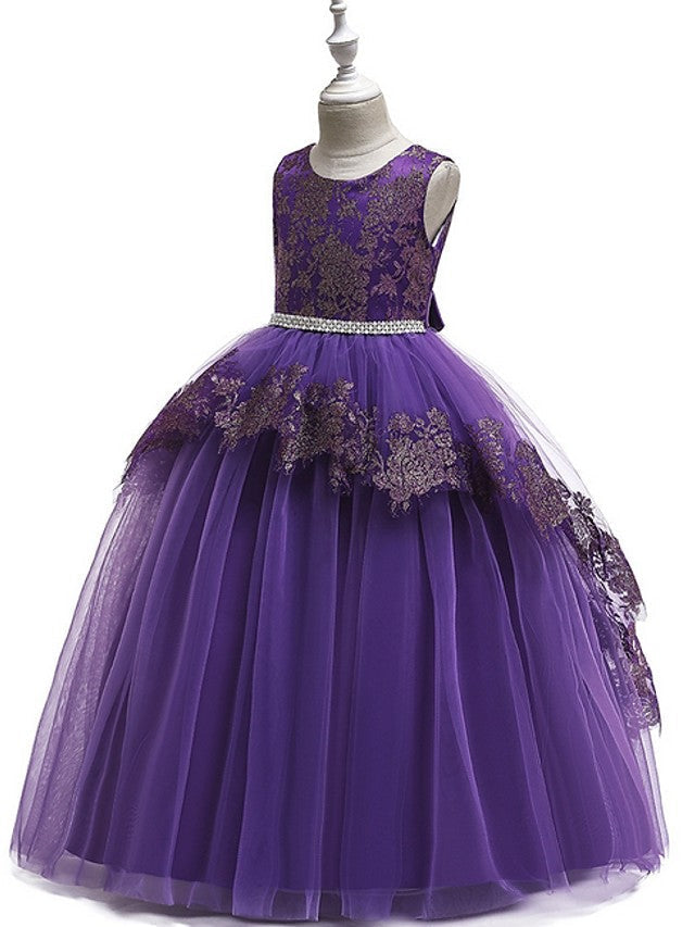 Long Princess Tulle Lace Junior Bridesmaid Dress With Bow-27dress
