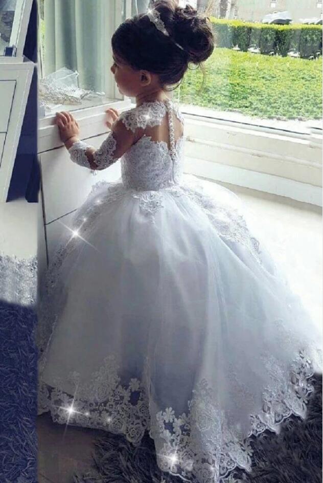 Long Princess Tulle Lace Scoop Neck flower girl dresses with Sleeves-27dress