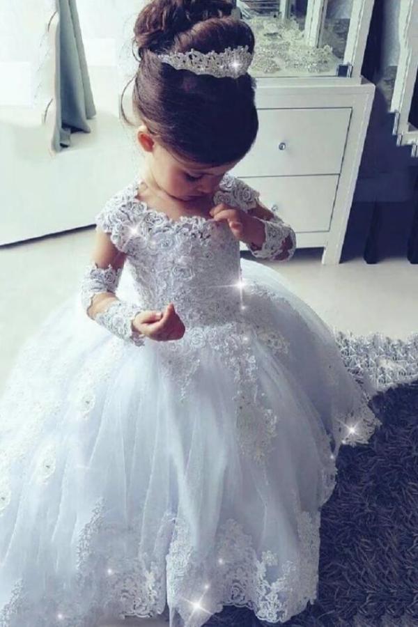 Long Princess Tulle Lace Scoop Neck flower girl dresses with Sleeves-27dress