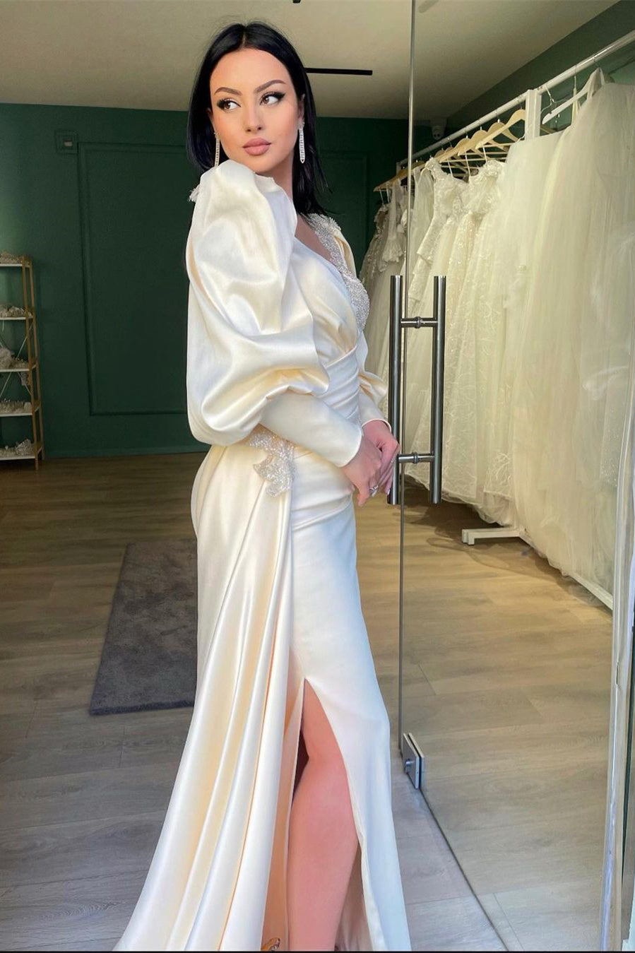 Long Puff Sleeves Pleated Mermaid Split Prom Dress With Appliques Ruffles