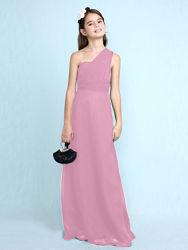 Long Sheath One Shoulder Flower Girl Dresses Chiffon Junior Bridesmaid Dress-27dress