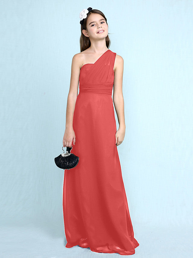 Long Sheath One Shoulder Flower Girl Dresses Chiffon Junior Bridesmaid Dress-27dress