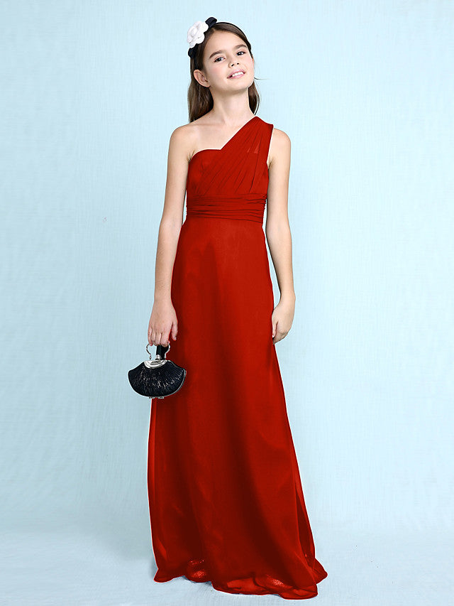 Long Sheath One Shoulder Flower Girl Dresses Chiffon Junior Bridesmaid Dress-27dress